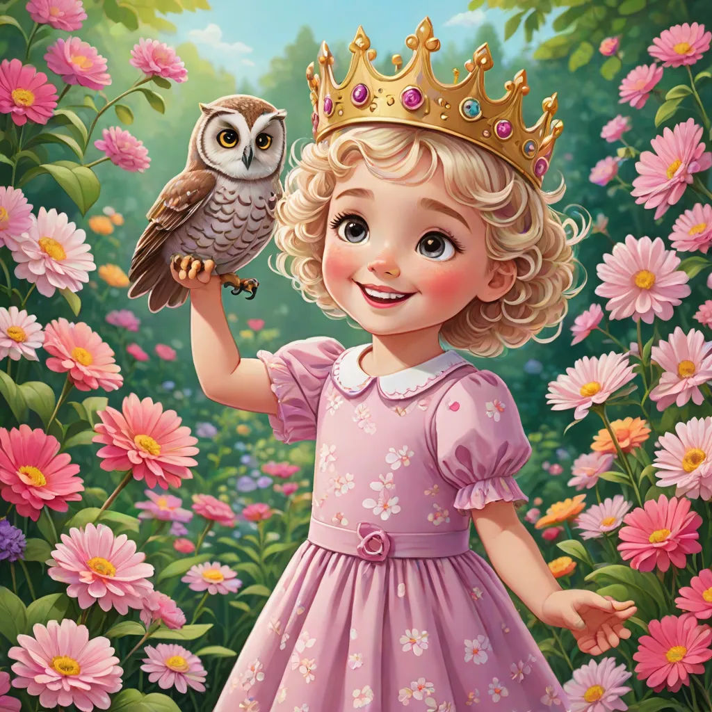 a little girl in a pink dress holding an owl in a field of flowers with a crown on her head, a storybook illustration, Alice Prin, fantasy art, storybook illustration