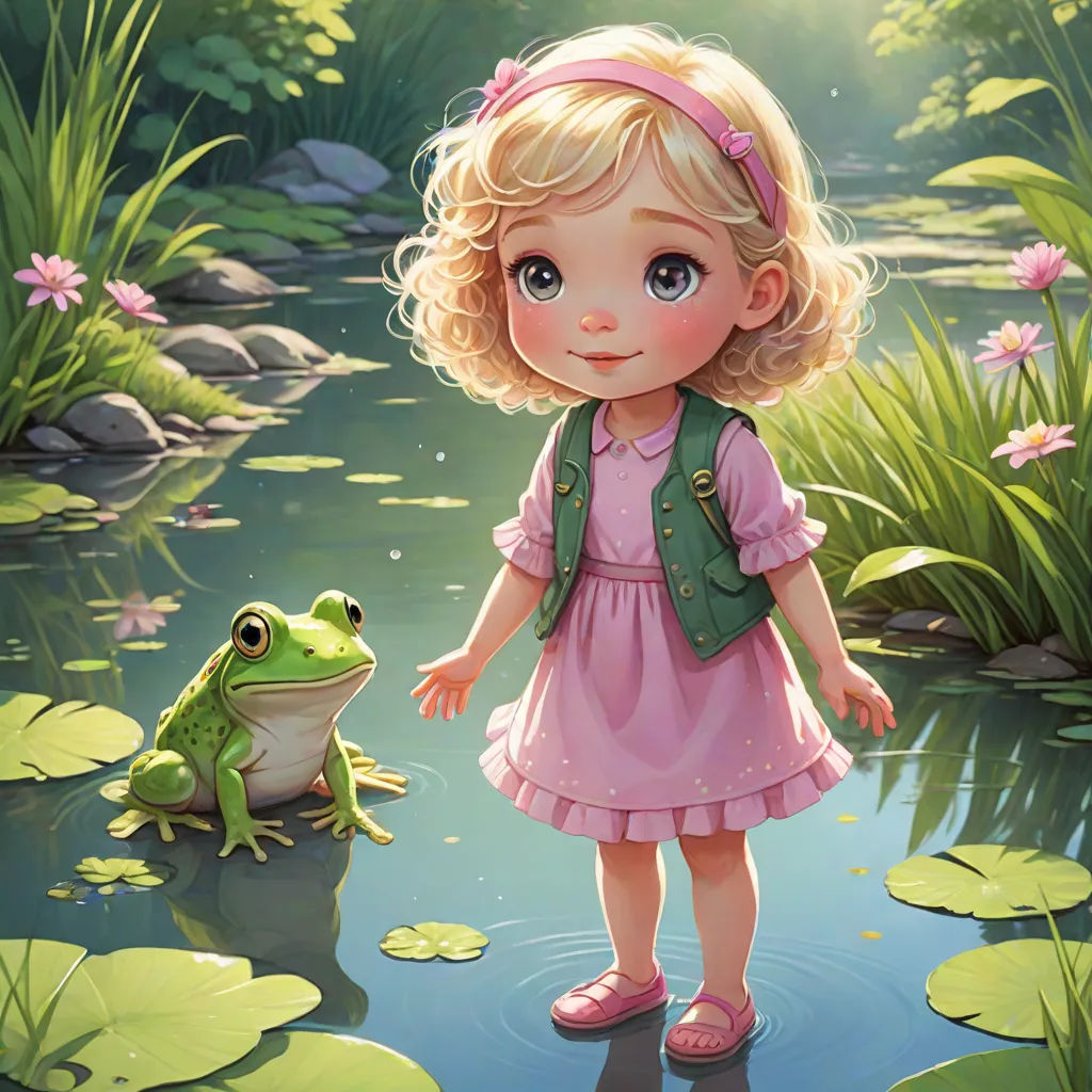 a little girl standing next to a frog on a pond of water with lily pads on the ground and a frog sitting on the ground, a storybook illustration, Alice Prin, fantasy art, storybook illustration