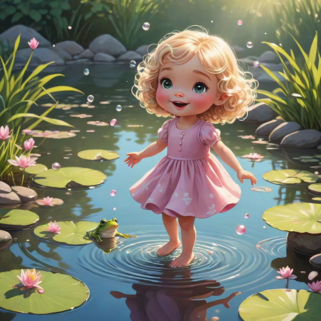 a little girl in a pink dress standing in a pond of water with lily pads and a frog in the water, a storybook illustration, Charlie Bowater, fantasy art, highly detailed digital painting