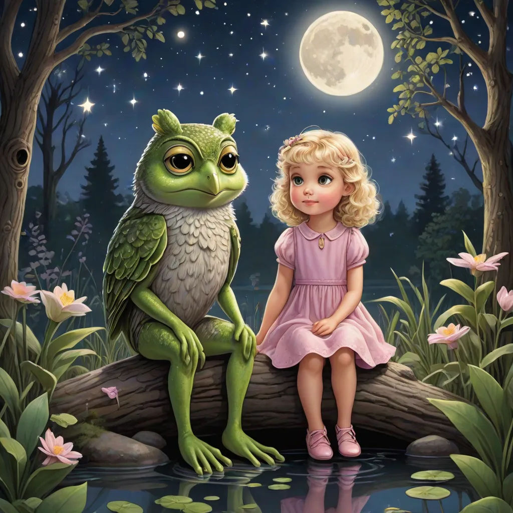 a painting of a girl and a frog sitting on a log in the woods at night with a full moon, a storybook illustration, Aaron Jasinski, pop surrealism, storybook illustration