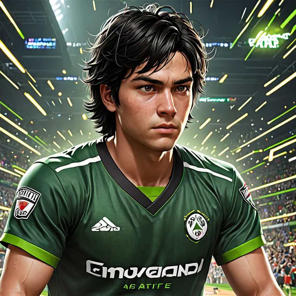 a man in a green soccer uniform standing in a stadium with a crowd of people watching him from the stands, fantastic realism, a character portrait, David Park, hyper realistic face