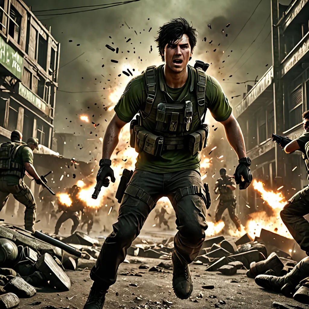 a man in a green shirt and some soldiers in a city with fire and smoke behind him and a building, photorealism, concept art, Aleksi Briclot, key art
