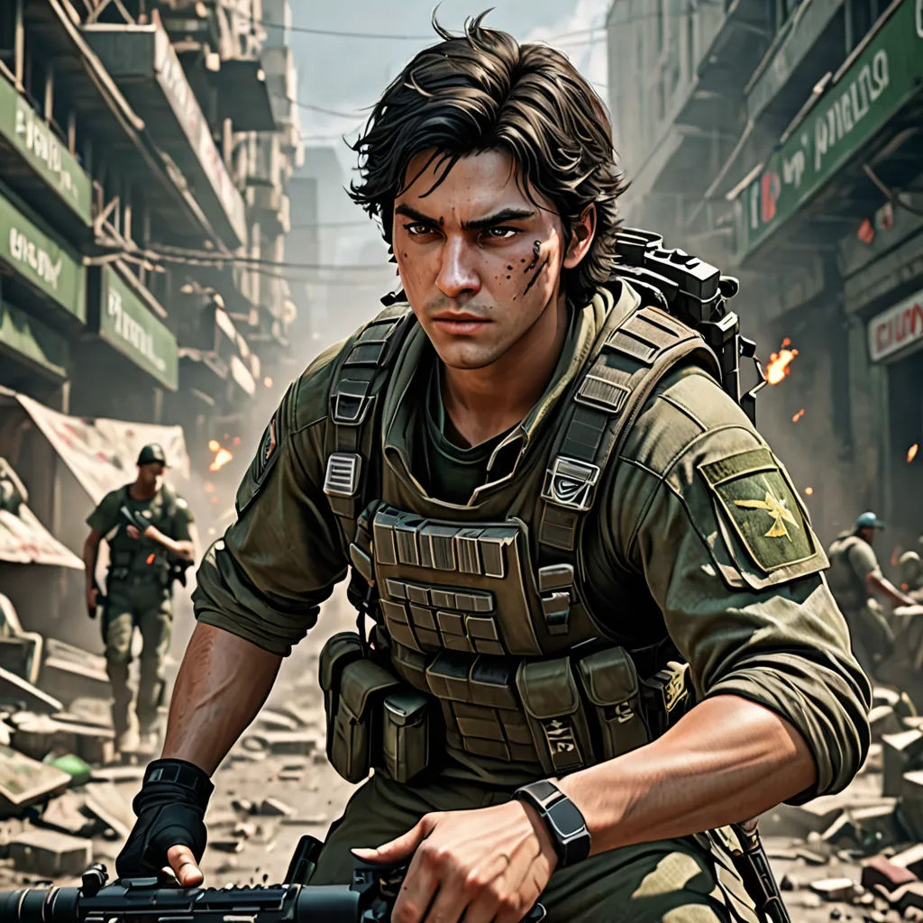 a man in a military uniform holding a rifle in a city street with other men in the background and a building, photorealism, concept art, Aleksi Briclot, key art