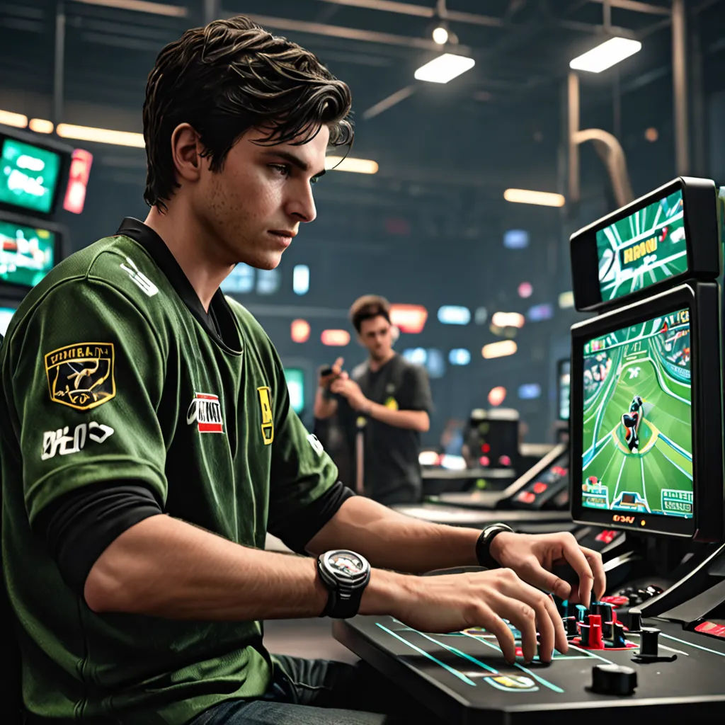 a man playing a video game on a computer screen in a room with other people watching and playing games, les automatistes, computer graphics, Epsylon Point, hard focus