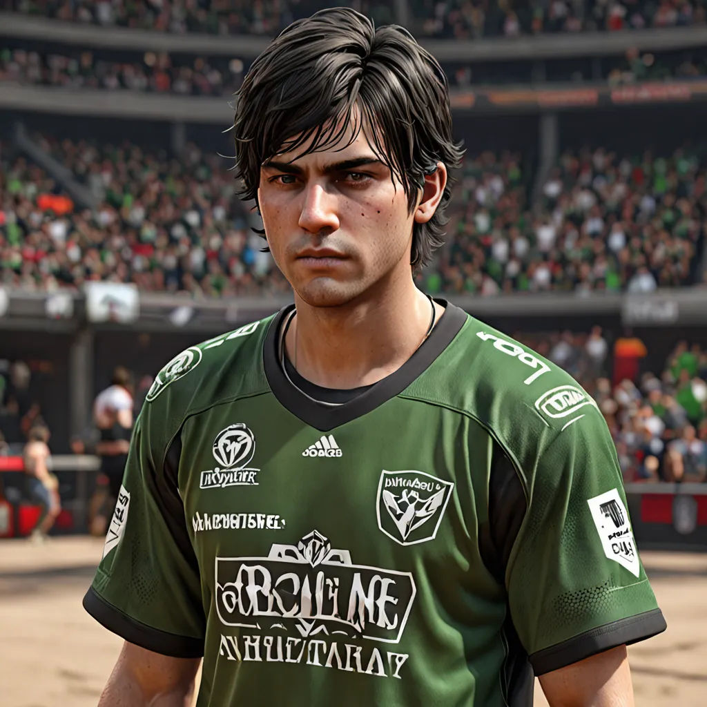 a man in a green shirt standing in front of a crowd of people in a stadium with a ball, photorealism, a character portrait, Estuardo Maldonado, ultra realistic faces