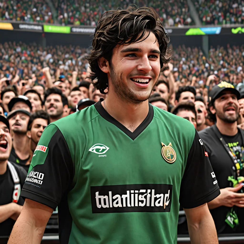 a man in a green shirt standing in front of a crowd of people at a sporting event with his hands in his pockets, rasquache, a photo, Esteban Vicente, athletic