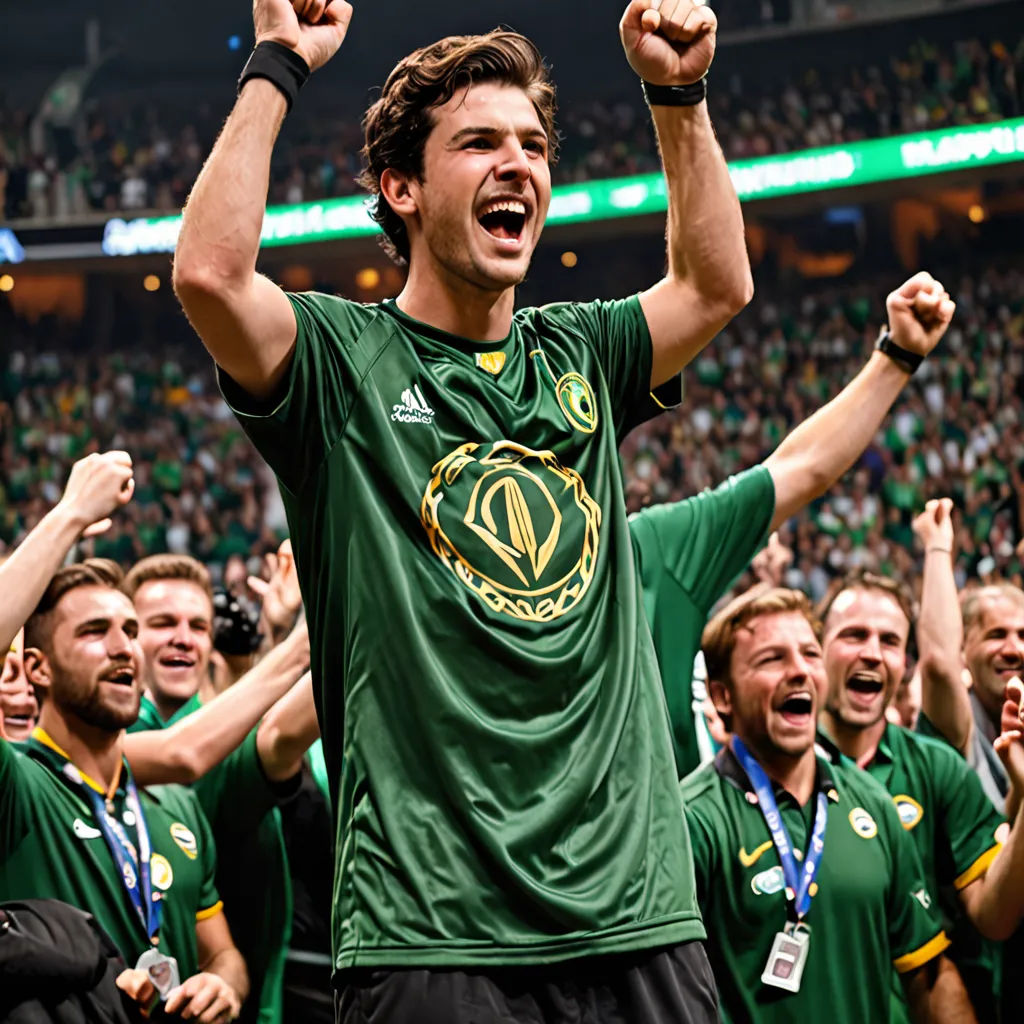 a man is celebrating with his team mates at a sporting event in a stadium with a green shirt and black shorts, antipodeans, a flemish Baroque, Adam Pijnacker, jimmy nelsson