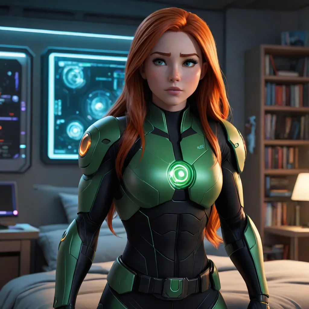 a woman in a green suit standing in a bedroom next to a bed and a book shelf with a computer on it, retrofuturism, concept art, Artgerm, promotional image