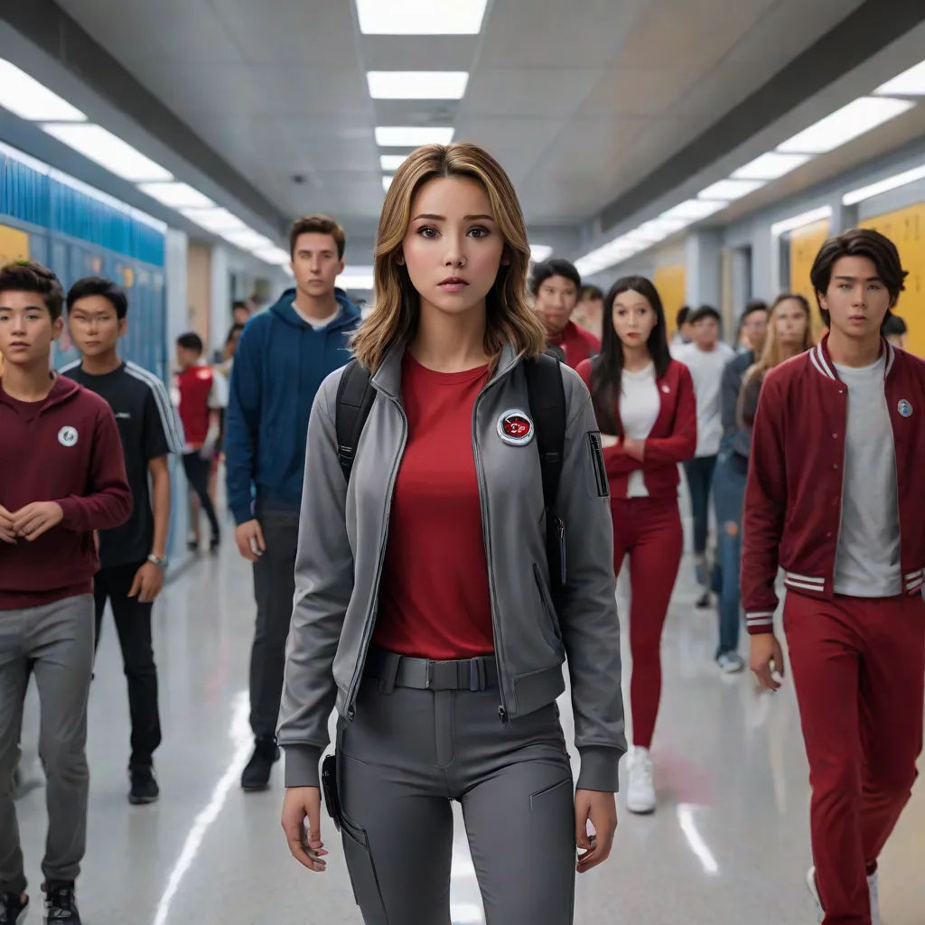 a group of people walking down a hallway in a building with a woman in a red top and a man in a gray suit, vancouver school, concept art, David Park, promotional image