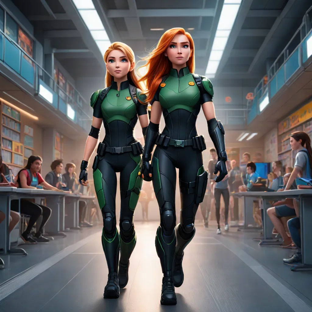 two women in green and black outfits walking down a hallway in a library with people sitting at tables in the background, antipodeans, concept art, Artgerm, official art