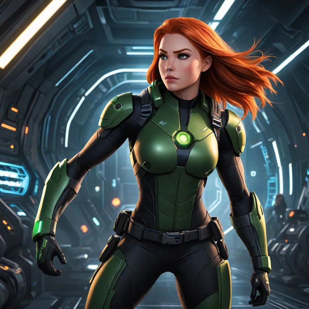 a woman in a green suit standing in a space station with lights on her chest and a sci - fi fi, cobra, a character portrait, Eve Ryder, key art