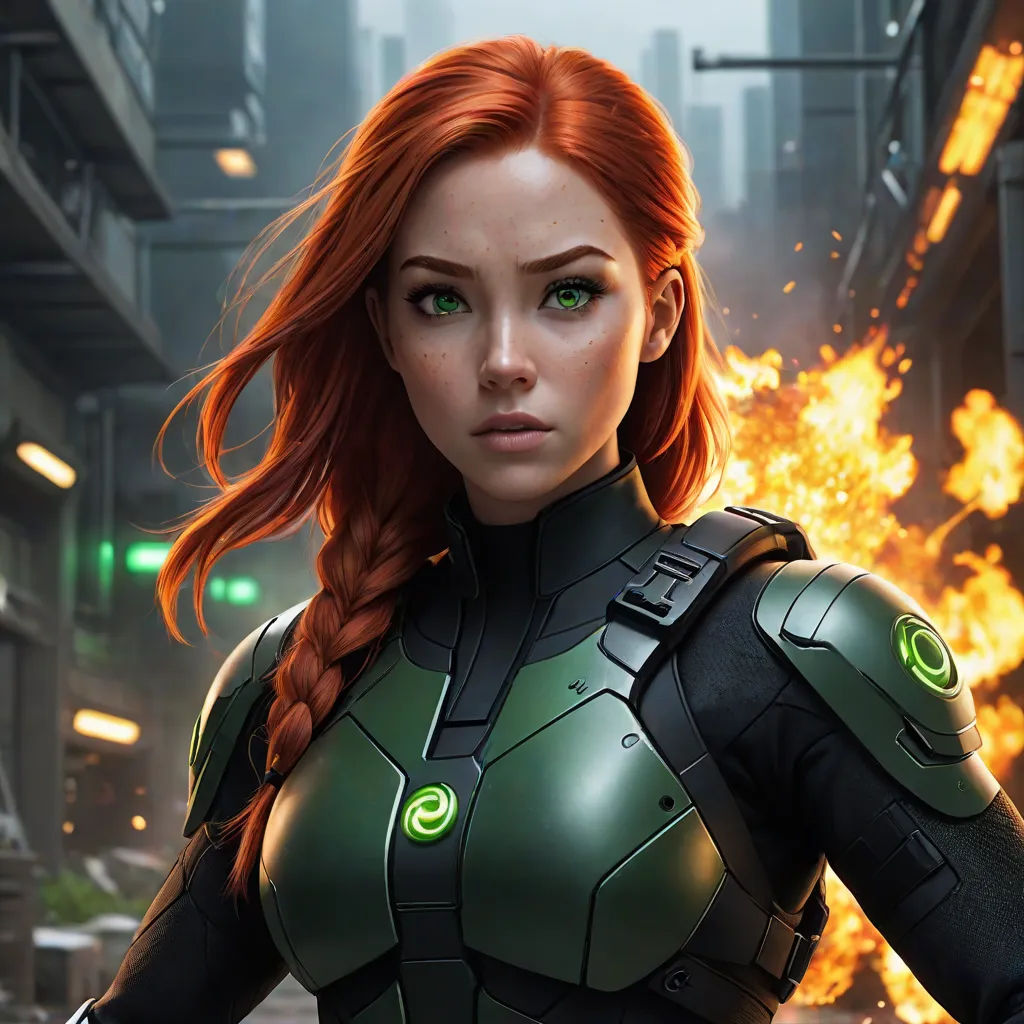 a woman in a futuristic suit with fire in the background and a cityscape in the background, with a green light, sots art, a character portrait, Aleksi Briclot, unreal 5