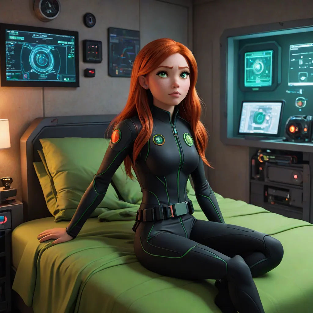 a woman in a black suit sitting on a bed in a room with a green bedspread and a green bedspread, retrofuturism, concept art, Eve Ryder, promotional image