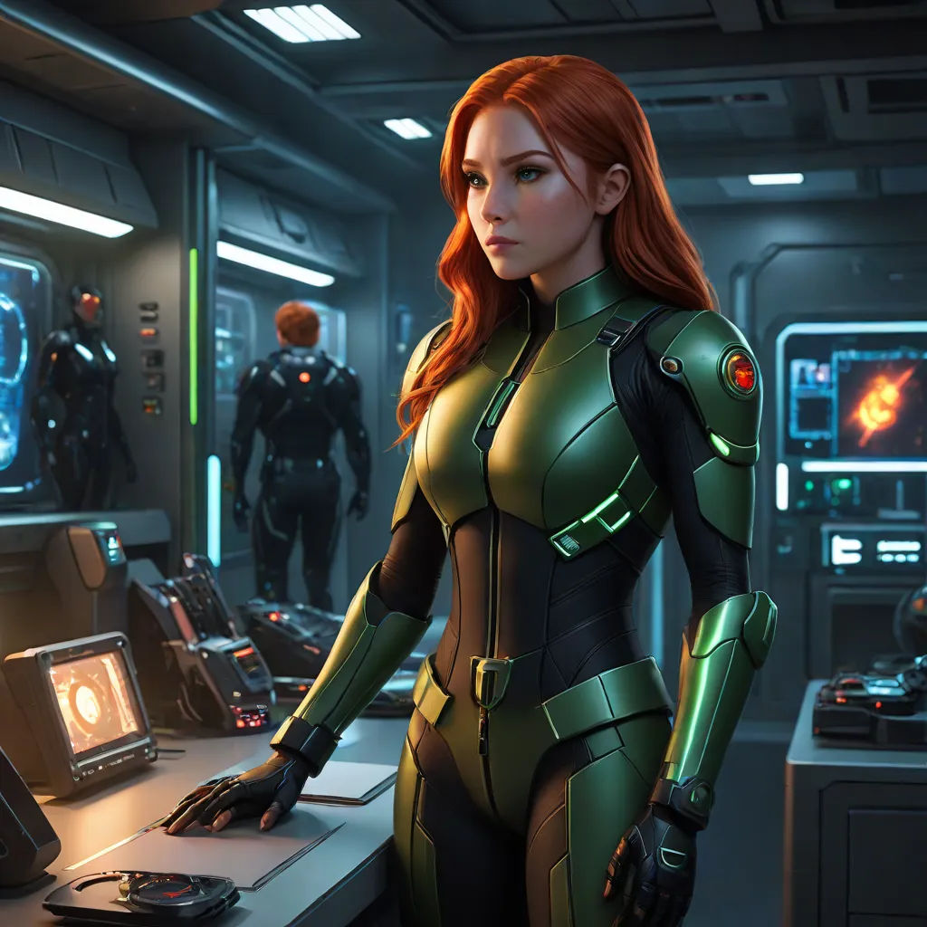 a woman in a sci - fi fi suit standing in a room with other people in the background and a computer screen, sots art, a character portrait, Eve Ryder, official art