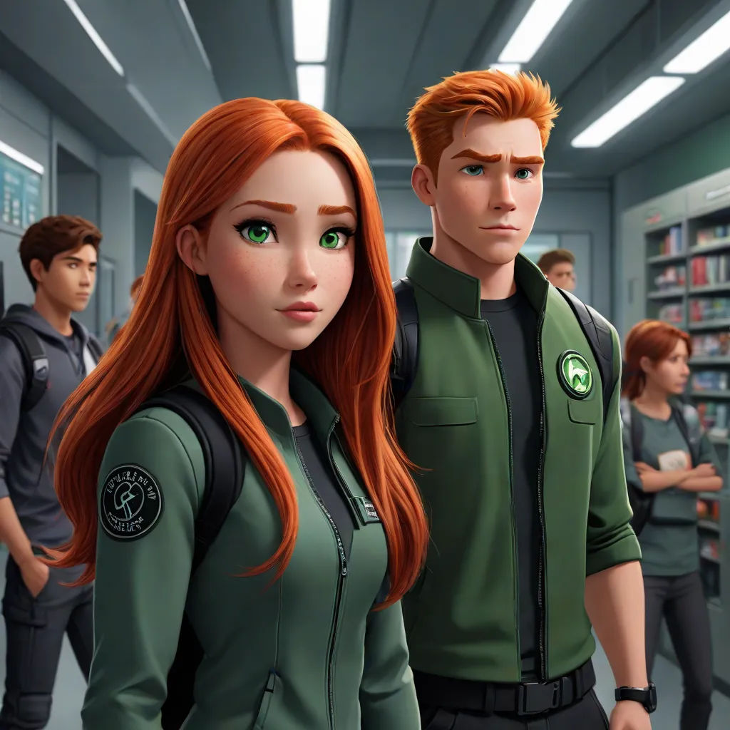 a couple of people standing in a room with bookshelves and a book shelf behind them and a man in a green uniform, sots art, a comic book panel, Artgerm, official art