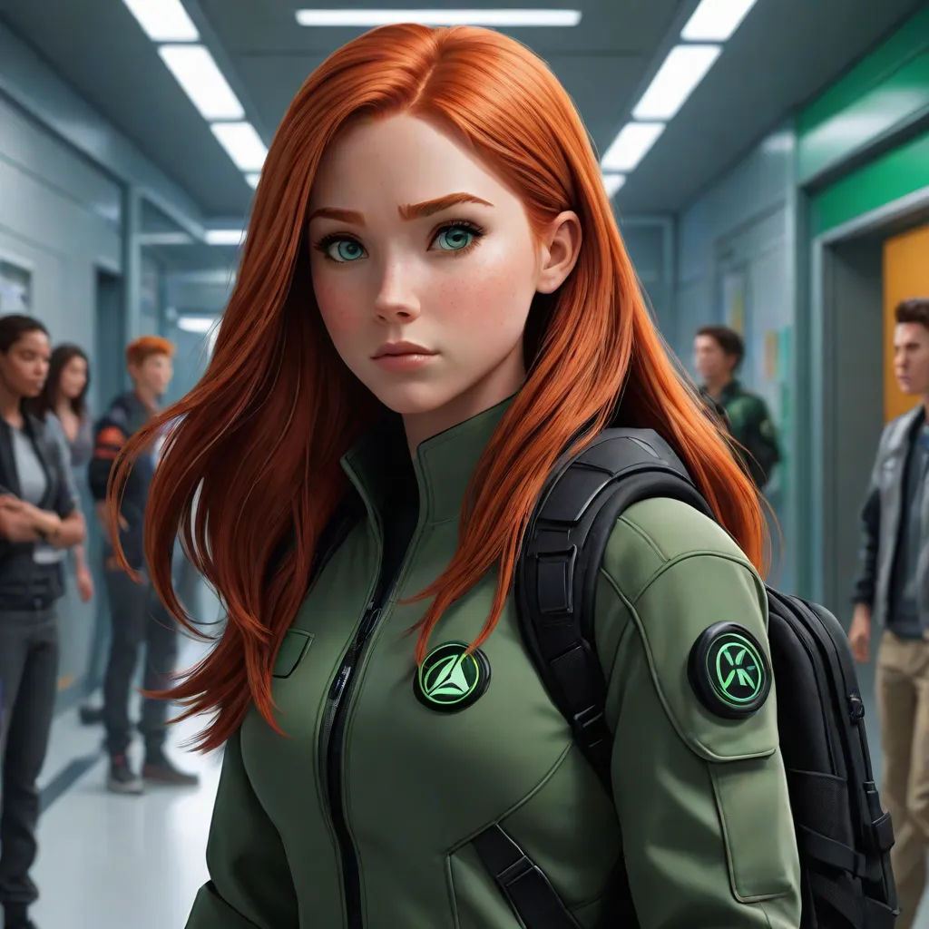 a woman in a green uniform standing in a hallway with other people in the background and a man in a suit, antipodeans, a character portrait, Artgerm, stanley artgerm lau