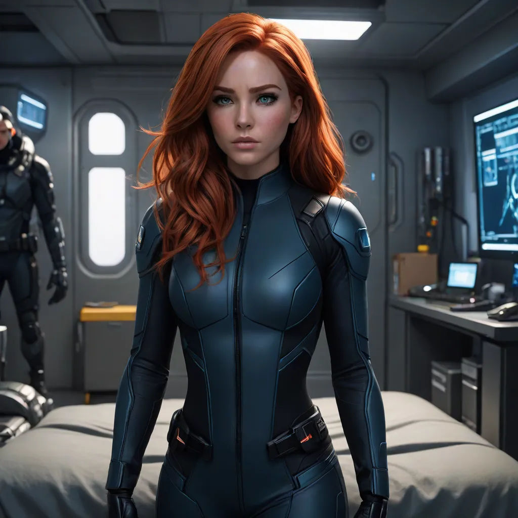 a woman in a black suit standing in a room with a man in the background and a computer screen, panfuturism, computer graphics, Eve Ryder, cgstudio
