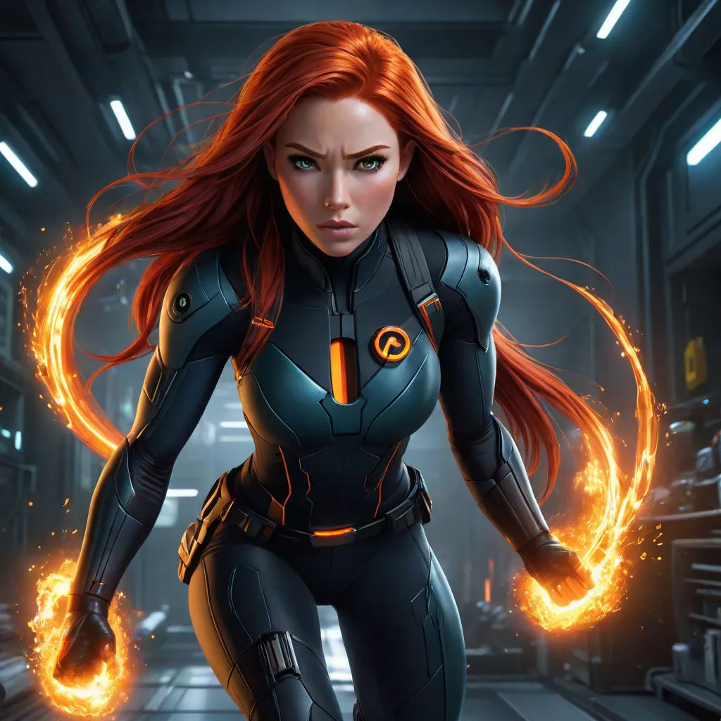 a woman in a futuristic suit with fire around her legs and a gun in her hand, in a dark room, fantasy art, concept art, Aleksi Briclot, trending on artstation hq