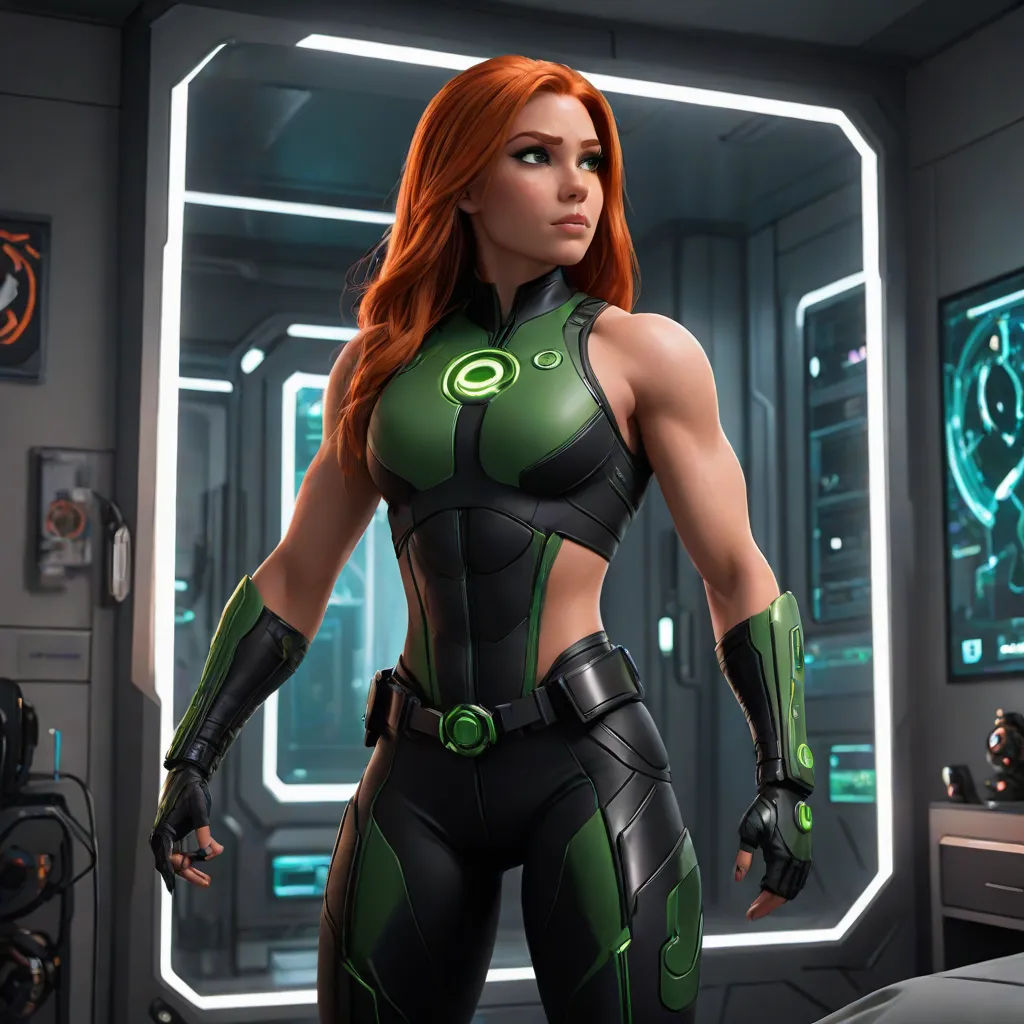 a woman in a green and black suit standing in a room with a clock on the wall and a mirror behind her, photorealism, concept art, Artgerm, unreal engine 5 quality render
