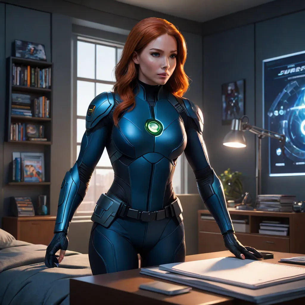 a woman in a suit standing in a room with a desk and a bookcase in front of her, photorealism, computer graphics, Artgerm, unreal engine highly rendered