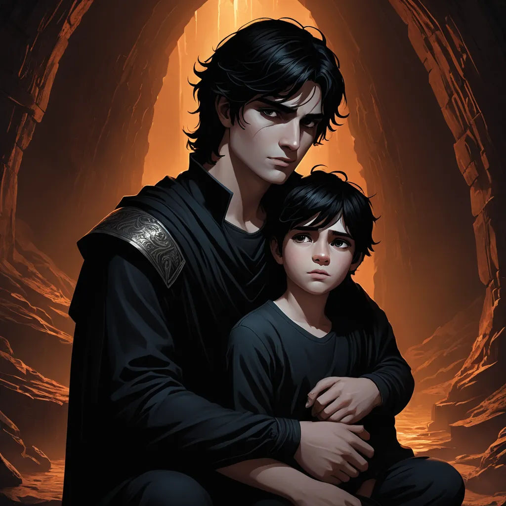 a man and a child are sitting in a cave together, with a light shining through the cave behind them, antipodeans, concept art, Brothers Hildebrandt, official art