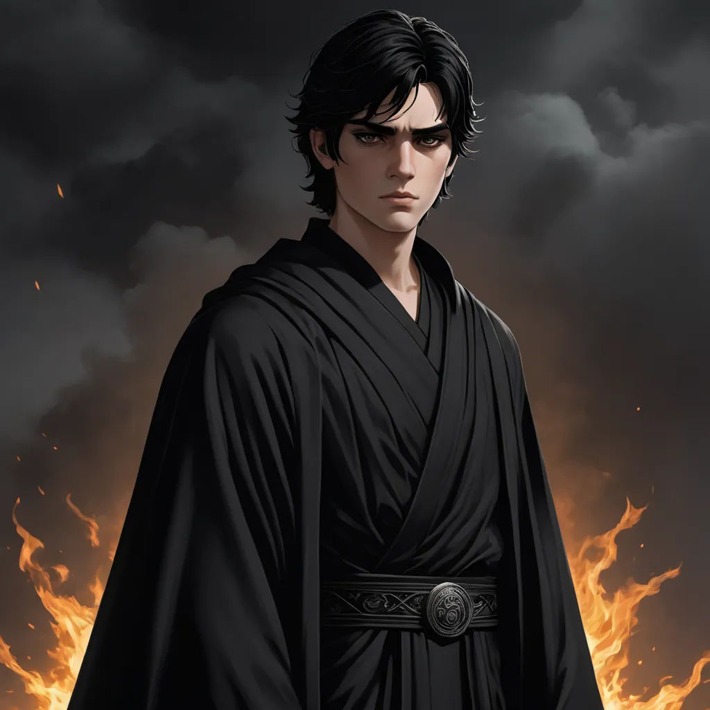 a man in a black robe standing in front of a fire and clouds background with a sword in his hand, sots art, a character portrait, Adam Manyoki, official art