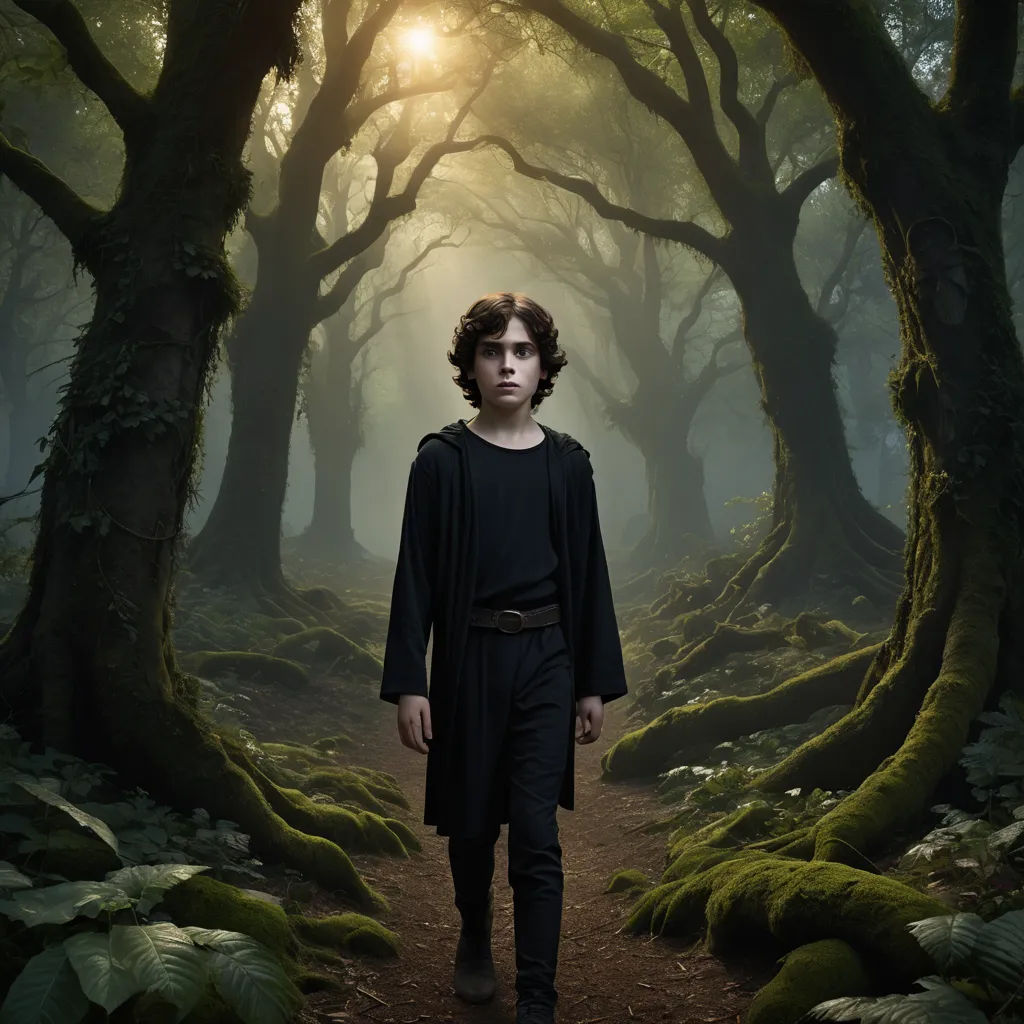 a young boy standing in a forest with trees and moss on the ground and sunlight shining through the trees, antipodeans, a matte painting, Diego Gisbert Llorens, promotional image