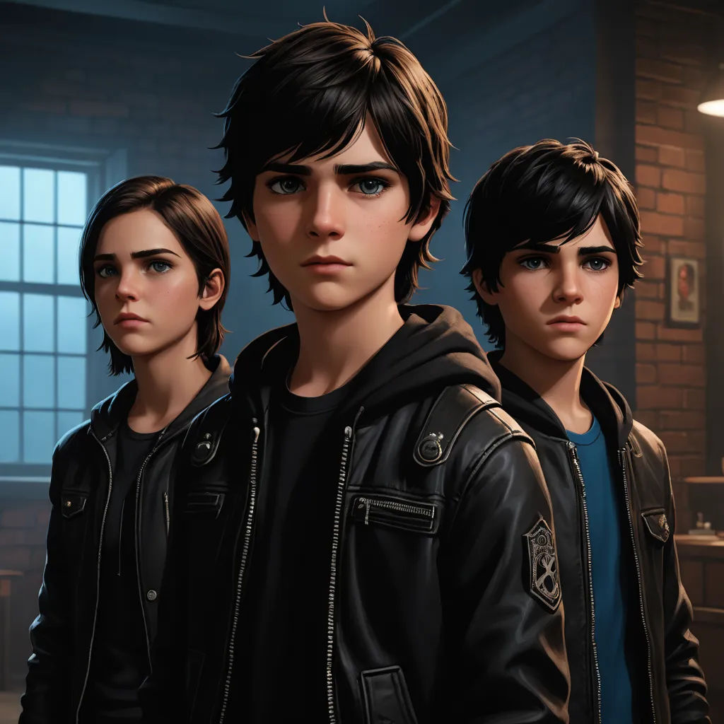 a group of young men standing next to each other in a room with a brick wall and a window, sots art, concept art, Brothers Hildebrandt, key art
