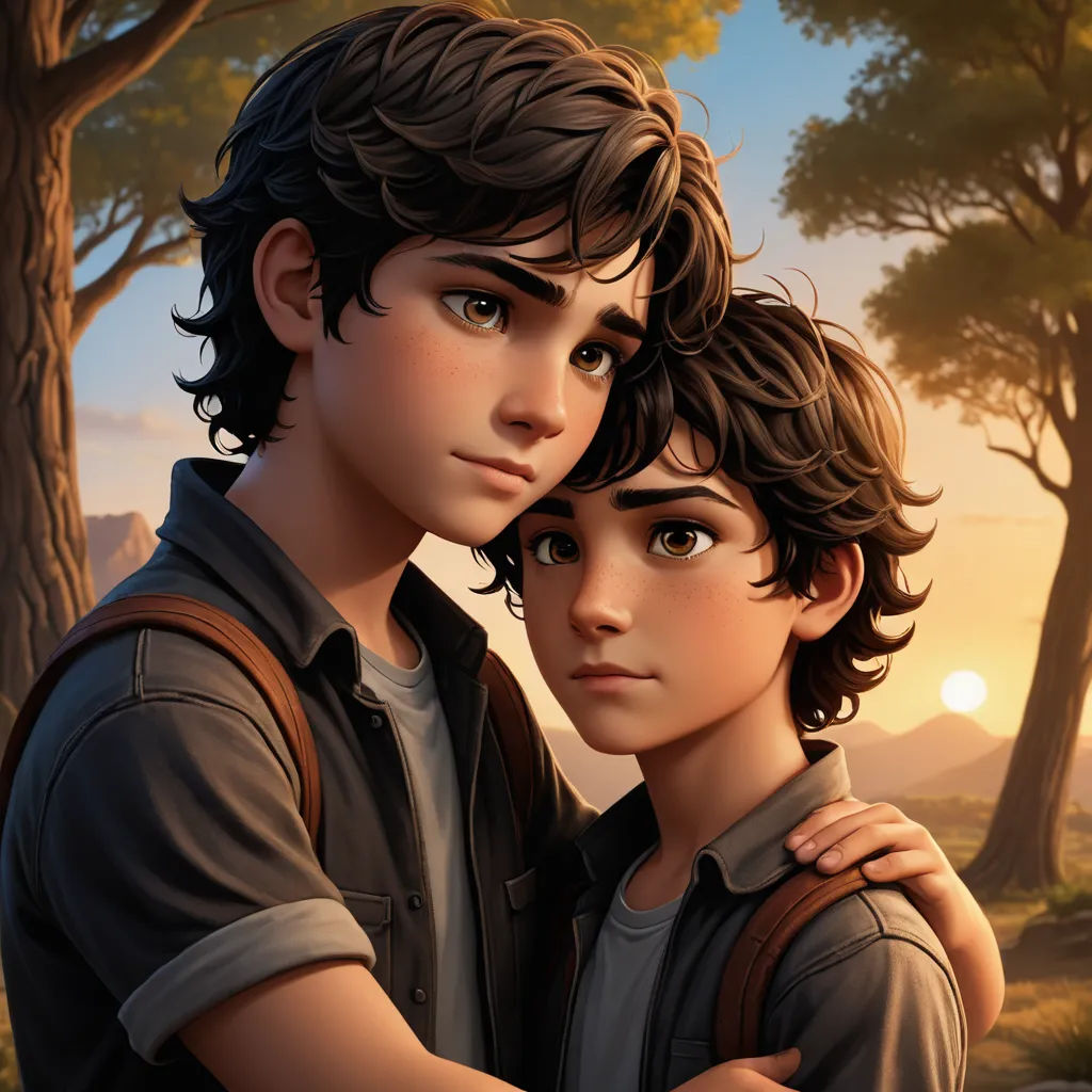 a boy and a girl are standing in a forest at sunset, with the sun shining through the trees, sots art, concept art, Brothers Hildebrandt, official art