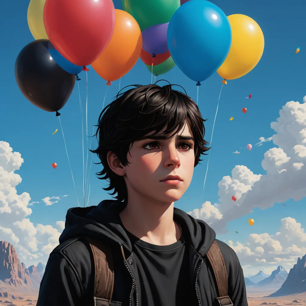 a boy with a bunch of balloons on his head in the sky above him is a mountain range and a blue sky, photorealism, a hyperrealistic painting, Aaron Jasinski, stanley artgerm lau