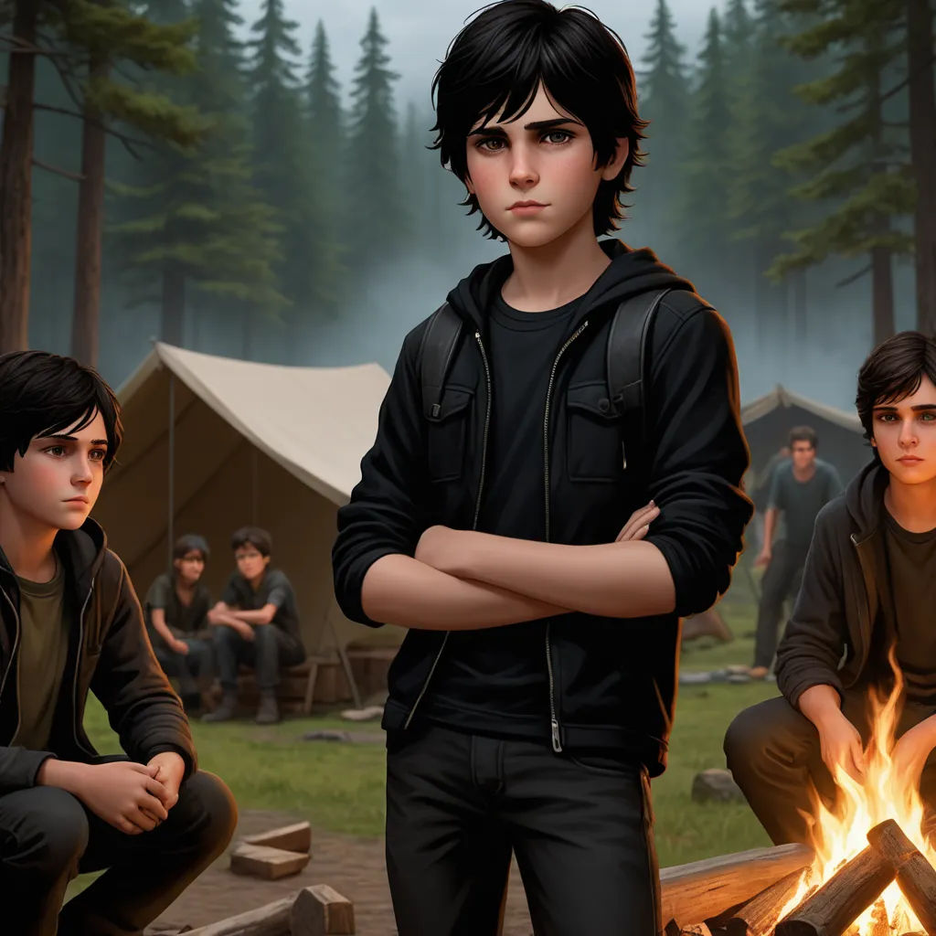 a group of people sitting around a fire pit in a forest with tents in the background and a forest fire pit, sots art, concept art, Cedric Seaut (Keos Masons), official art