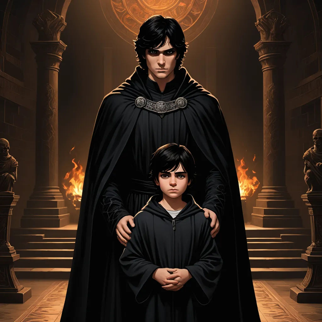 a painting of a man and a boy in a dark room with a clock on the wall behind them, gothic art, concept art, Brothers Hildebrandt, official art