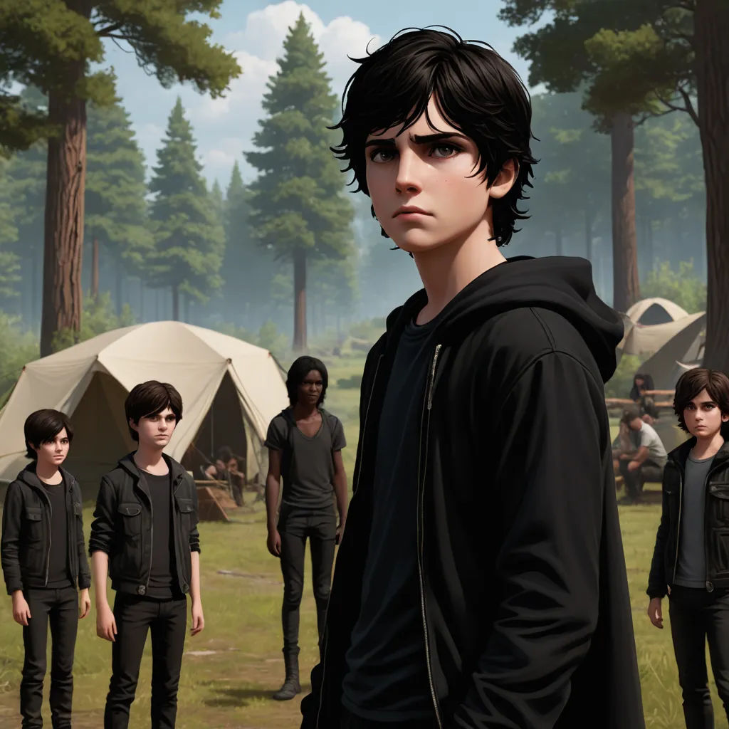 a group of people standing in a forest next to tents and trees with tents in the background and trees and grass, sots art, concept art, Cedric Seaut (Keos Masons), official art