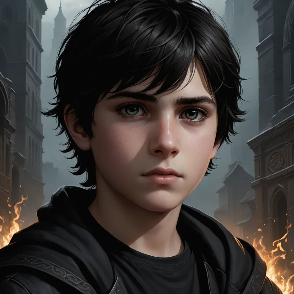 a young boy with a black jacket and a black shirt on is staring at the camera with a city in the background, sots art, a character portrait, Aaron Jasinski, key art