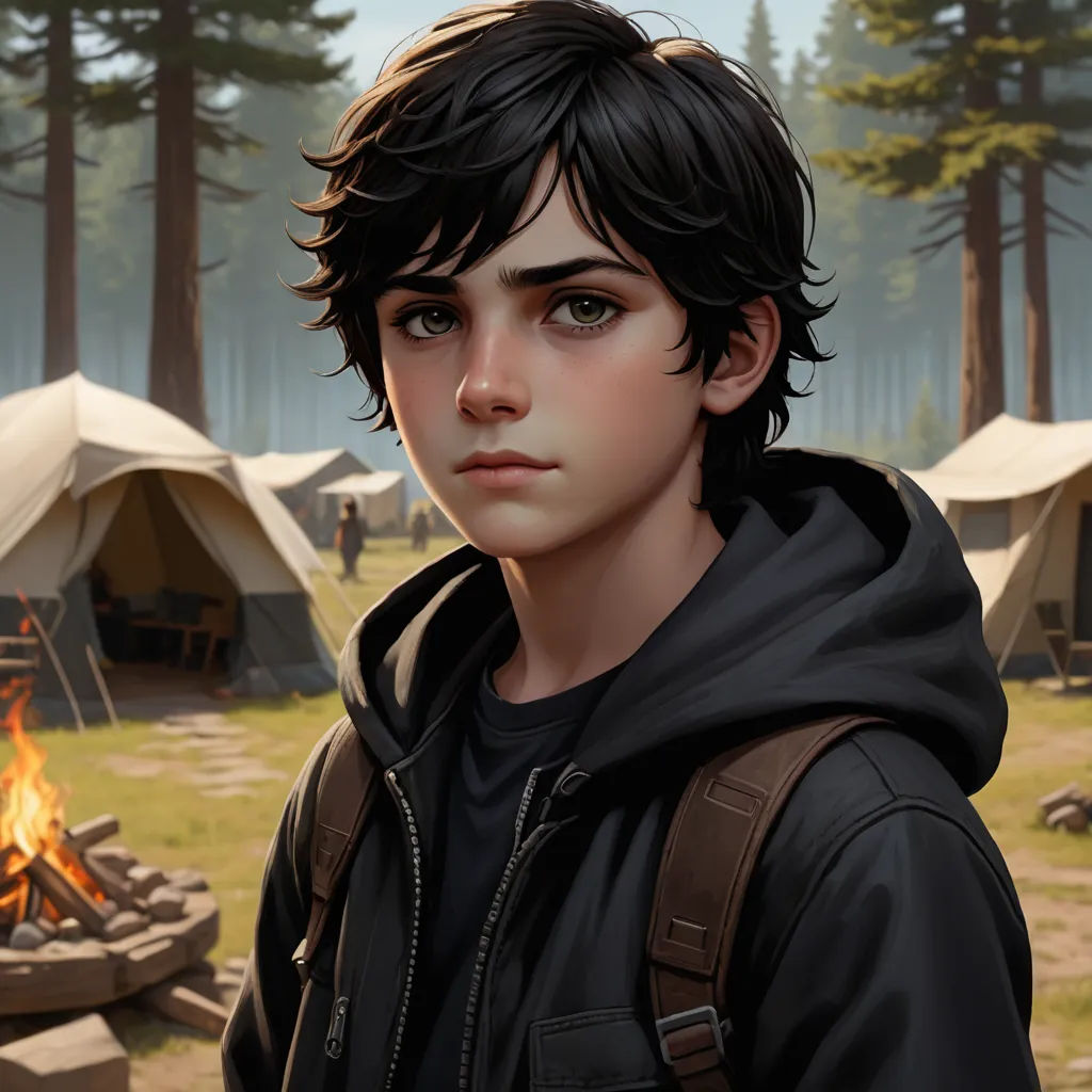 a boy in a black jacket standing in front of a campfire with tents in the background and trees, photorealism, a character portrait, Cedric Seaut (Keos Masons), stanley artgerm lau
