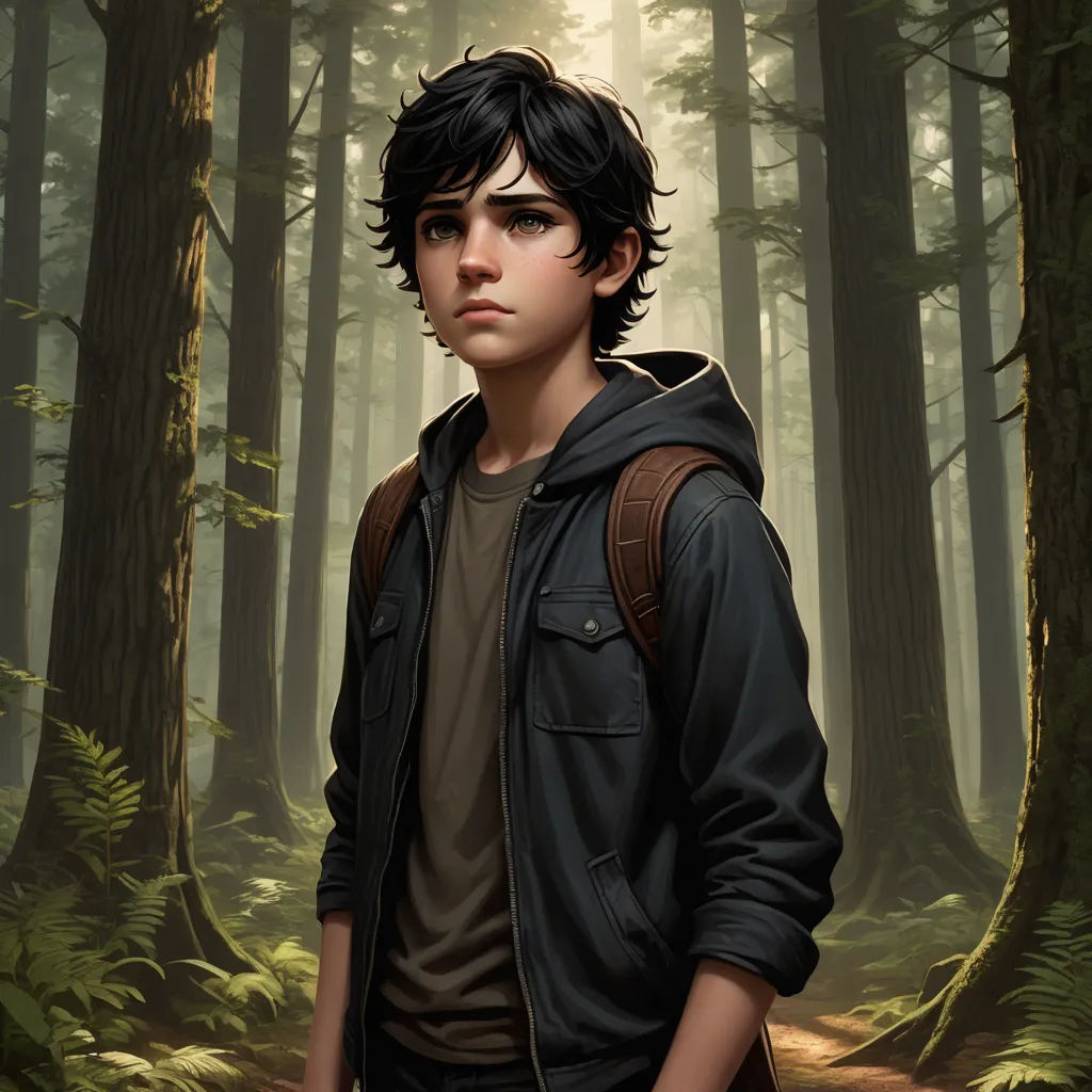 a boy in a forest with a backpack on his back and a backpack on his shoulder, standing in front of a tree, sots art, a character portrait, Cedric Seaut (Keos Masons), key art