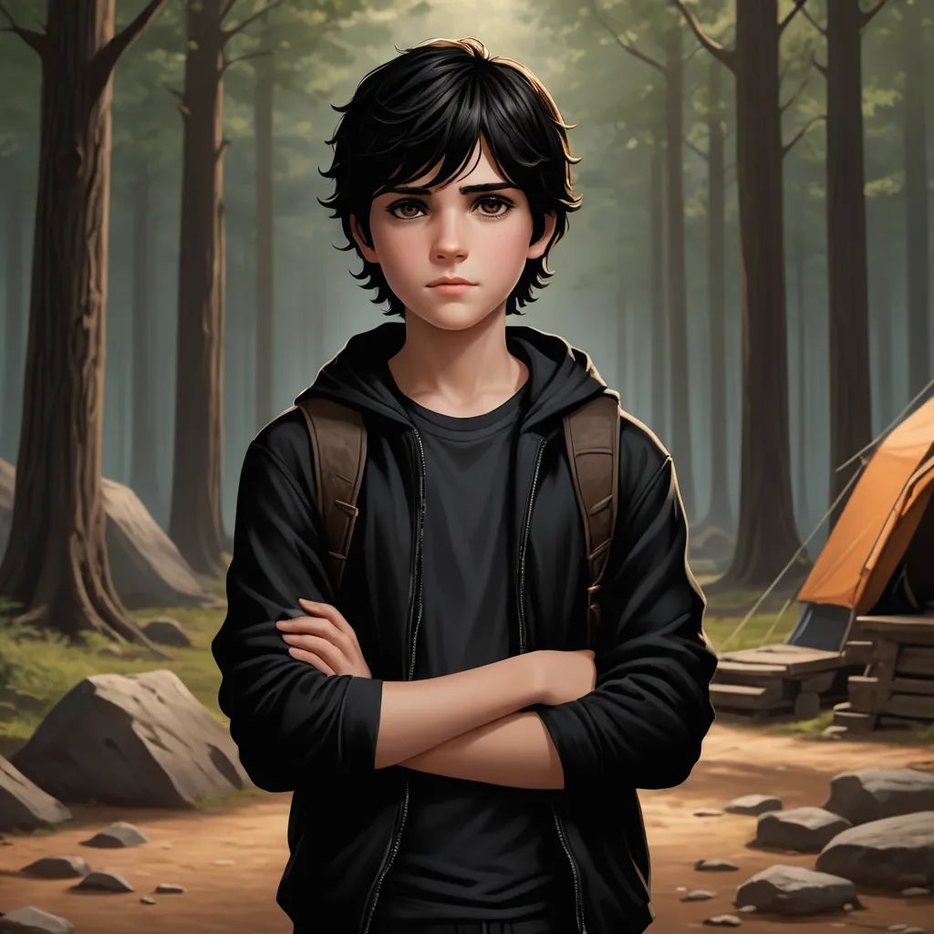 a boy standing in a forest with his arms crossed and a tent in the background with trees and rocks, sots art, a character portrait, Cedric Seaut (Keos Masons), key art