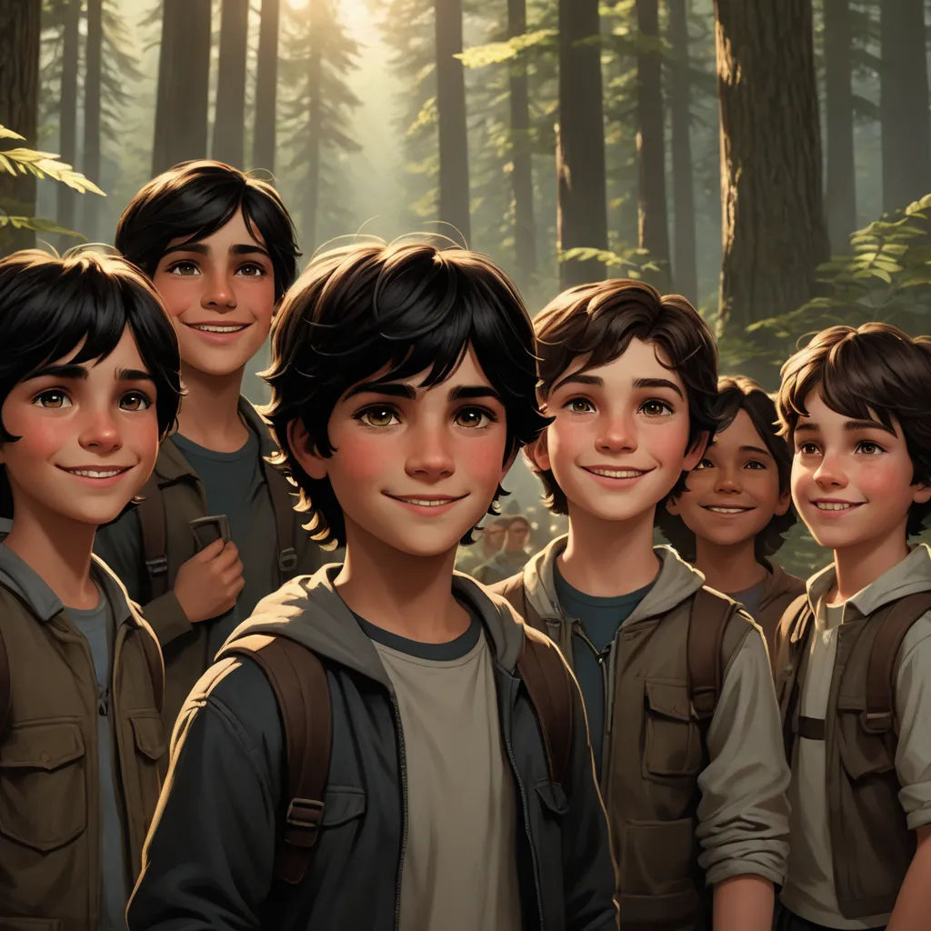 a group of young boys standing next to each other in a forest with trees and sun shining through the trees, vancouver school, concept art, Brothers Hildebrandt, key art