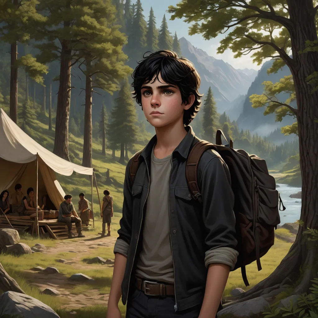 a painting of a boy with a backpack in a forest with a camp site in the background and a tent in the foreground, fantasy art, a character portrait, Cedric Seaut (Keos Masons), key art