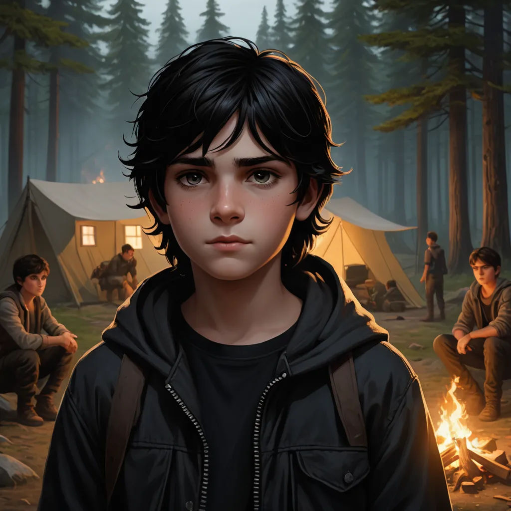 a boy in a black jacket standing in front of a campfire with a tent in the background and a campfire in the foreground, sots art, a character portrait, Aaron Jasinski, key art