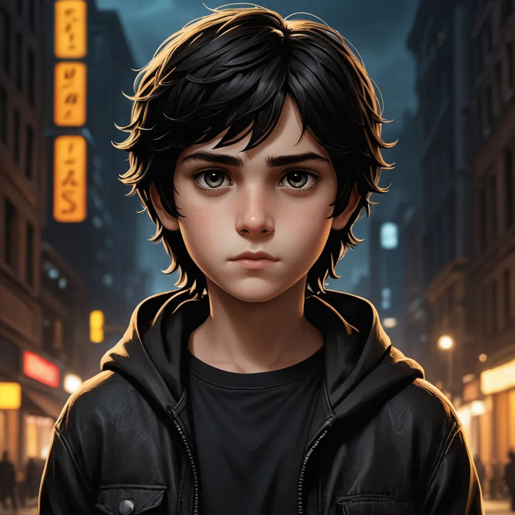 a young boy in a black jacket standing in a city at night with a neon sign in the background, photorealism, a character portrait, Cedric Seaut (Keos Masons), stanley artgerm lau