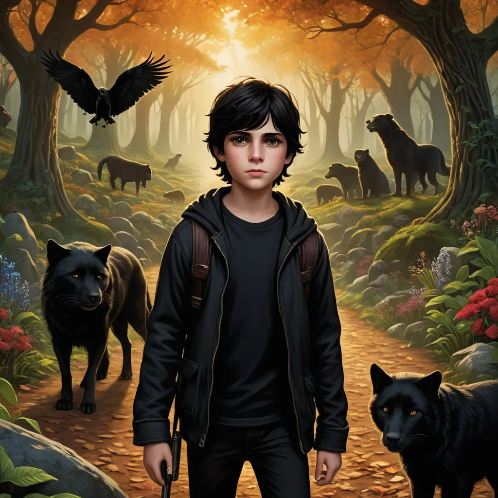 a boy standing in a forest with two black dogs and a bird flying overhead in the background, with a forest scene with animals, fantasy art, a character portrait, Cedric Seaut (Keos Masons), key art