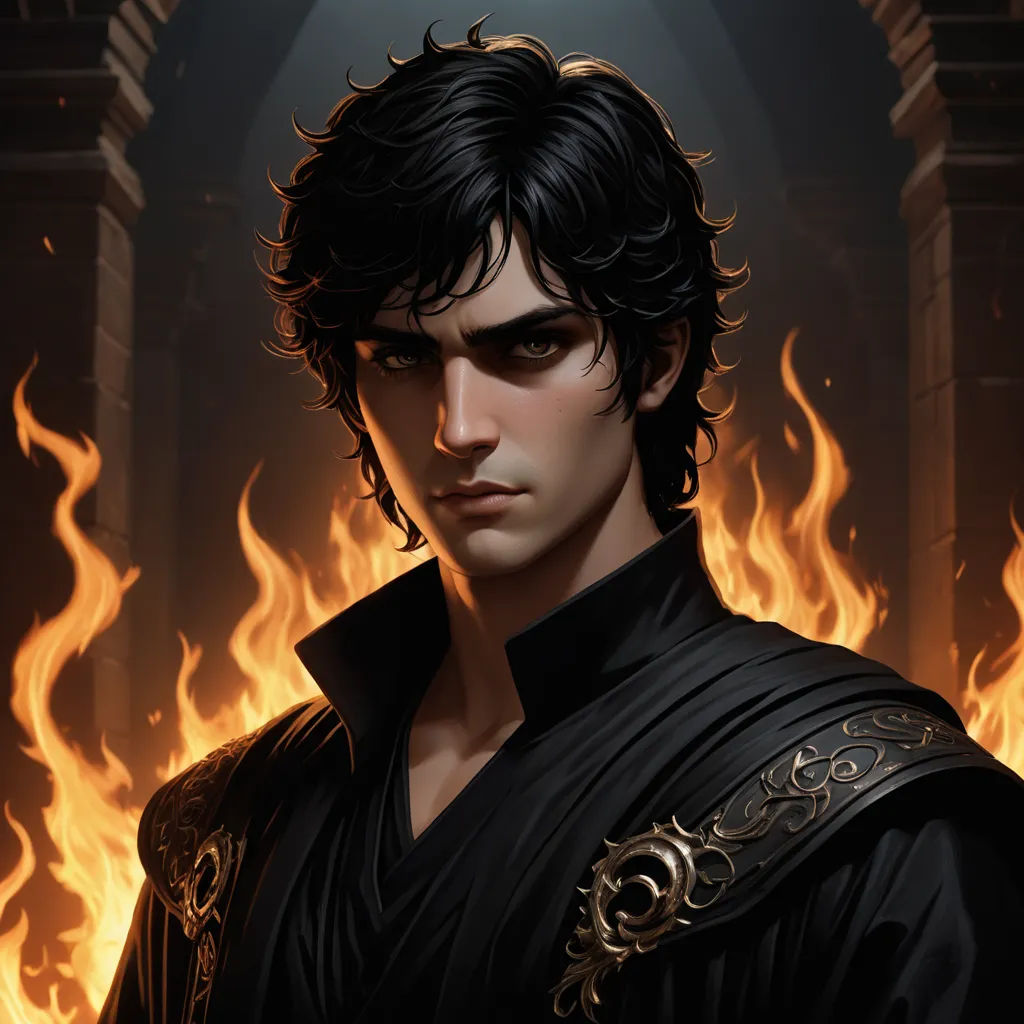 a man in a black outfit with flames behind him and a sword in his hand, in front of a fire, fantasy art, a character portrait, Cedric Seaut (Keos Masons), epic fantasy character art