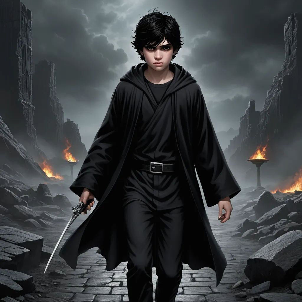 a man in a black robe holding a sword in a dark alley with a dark sky in the background, fantasy art, a detailed matte painting, Cedric Seaut (Keos Masons), epic fantasy character art