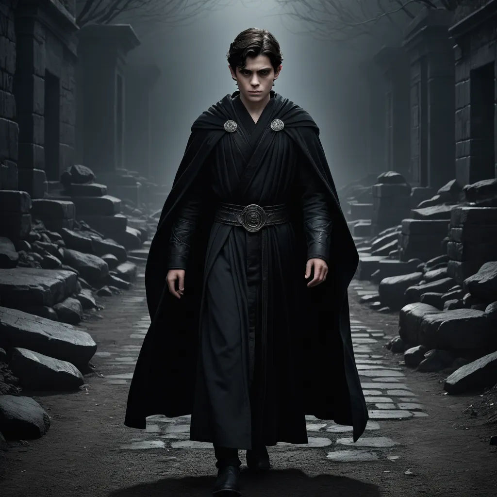 a man in a black robe and a black cloak is walking down a dark alley way with cobblestones, neo-romanticism, a poster, Dean Roger, promotional image