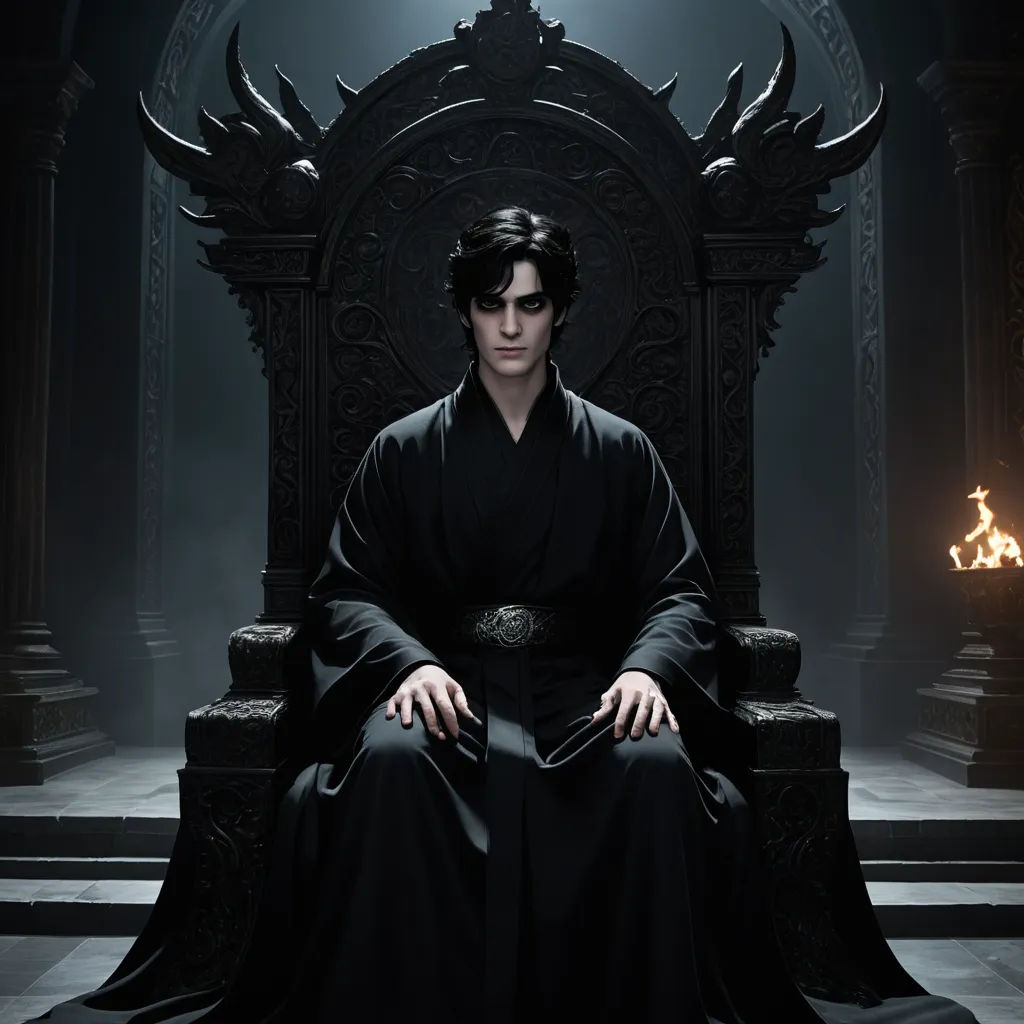 a man sitting on a throne in a dark room with a light on the wall behind him and a demon on the wall behind him, dau-al-set, a character portrait, Dai Jin, promotional image