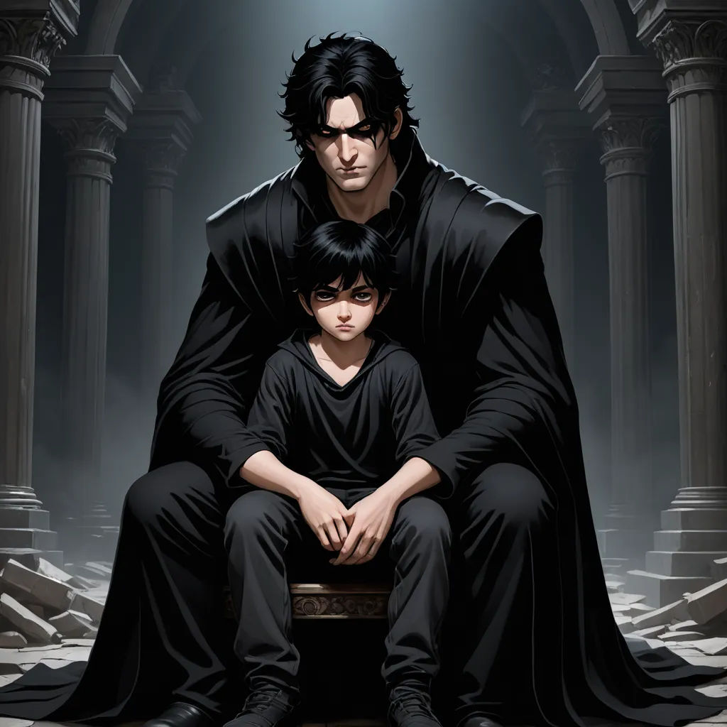 a man and a child sitting on a bench in a dark room with columns and pillars in the background, gothic art, a character portrait, Brothers Hildebrandt, official art