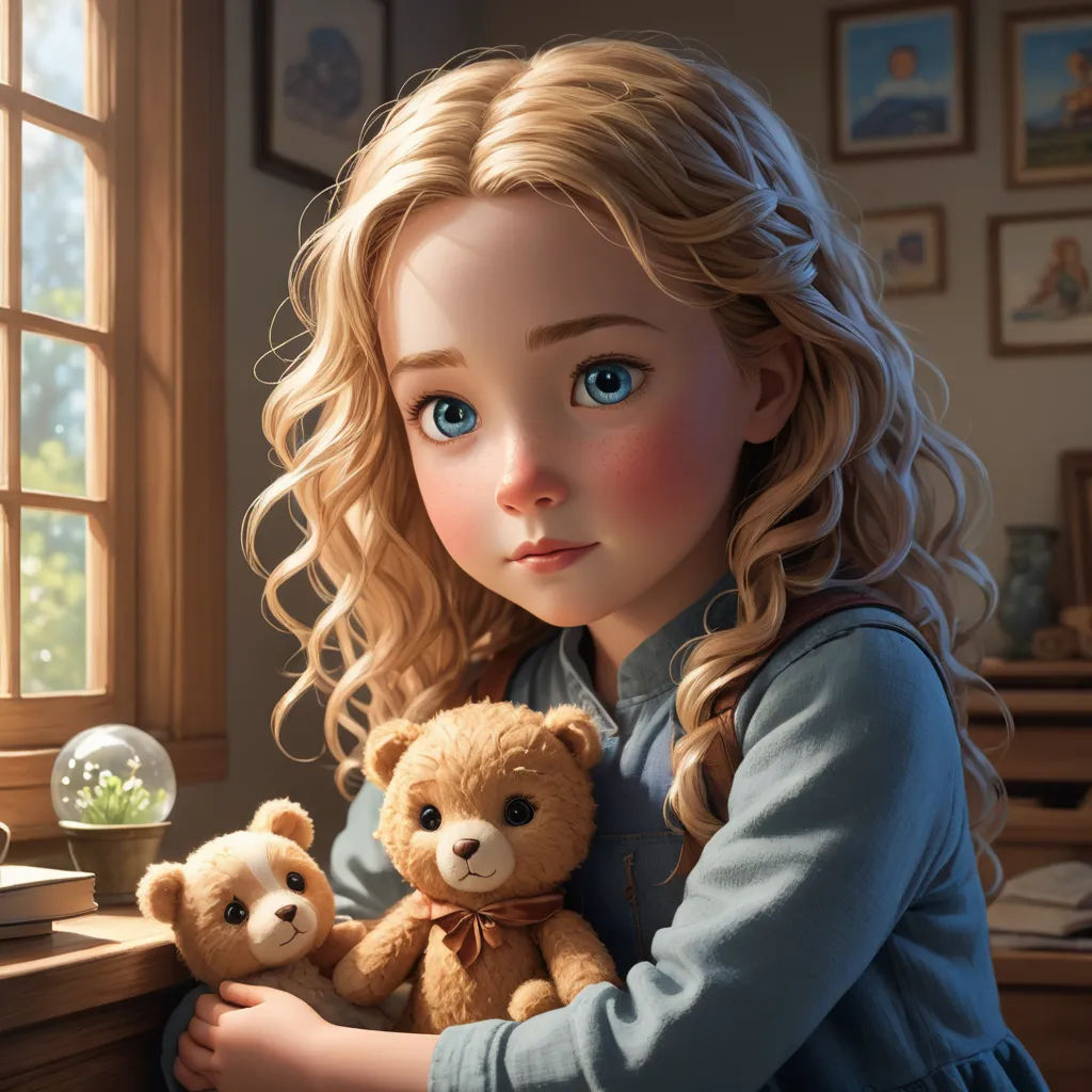 a painting of a girl holding a teddy bear in her arms and looking out a window with a green plant in the background, photorealism, a photorealistic painting, Clarice Beckett, cgstudio