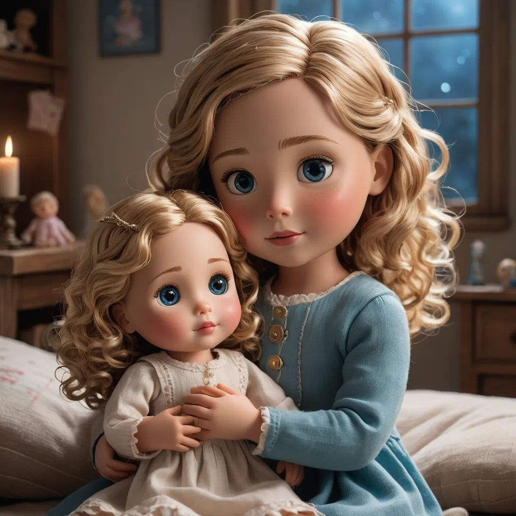 a doll and a doll sitting on a bed together, with a candle in the background and a window behind them, photorealism, concept art, Caroline Lucy Scott, cgstudio