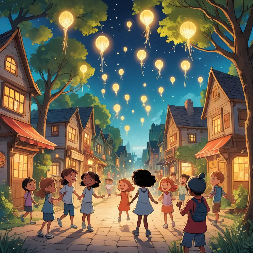 a group of children standing on a street under a sky filled with balloons and stars above them are a group of people, naive art, a storybook illustration, Diego Gisbert Llorens, storybook illustration